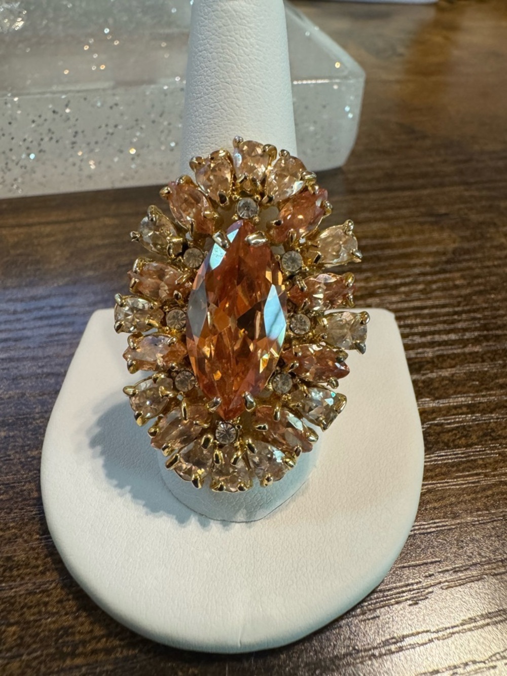 Peach Crystal Statement Cocktail Ring Gold Tone Floral Halo Size 10